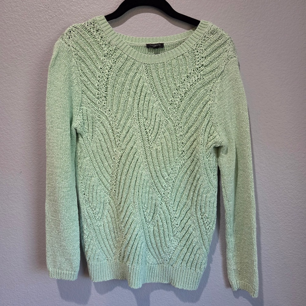 Talbots Sweater Women MP Mint Green Pointelle Knit Long Sleeve Cotton Excellent
